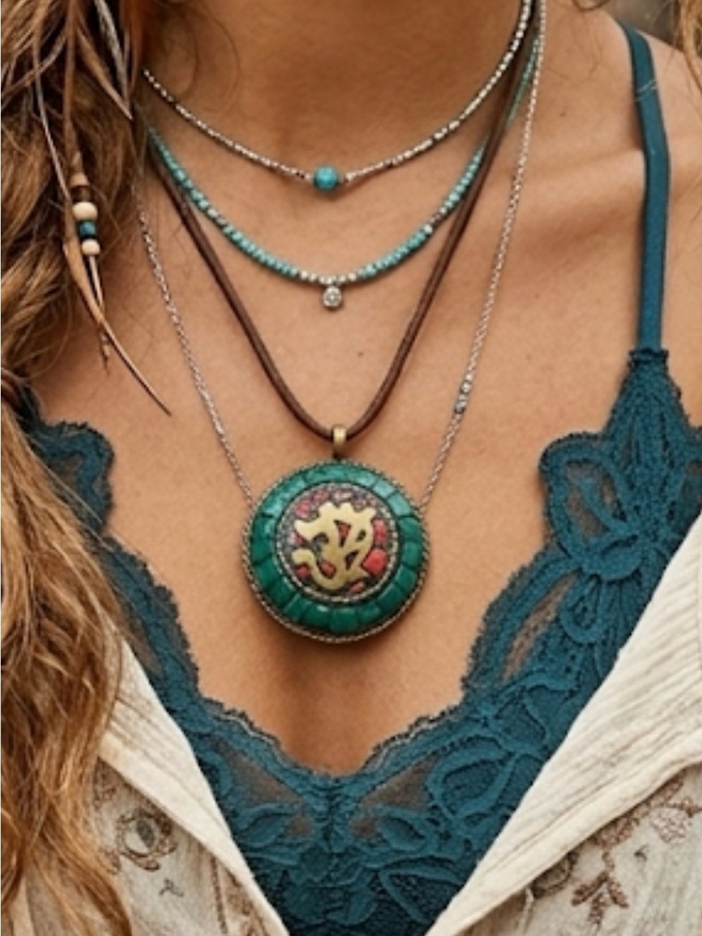 Vintage Boho Malachite & Coral Layered Pendant Necklace